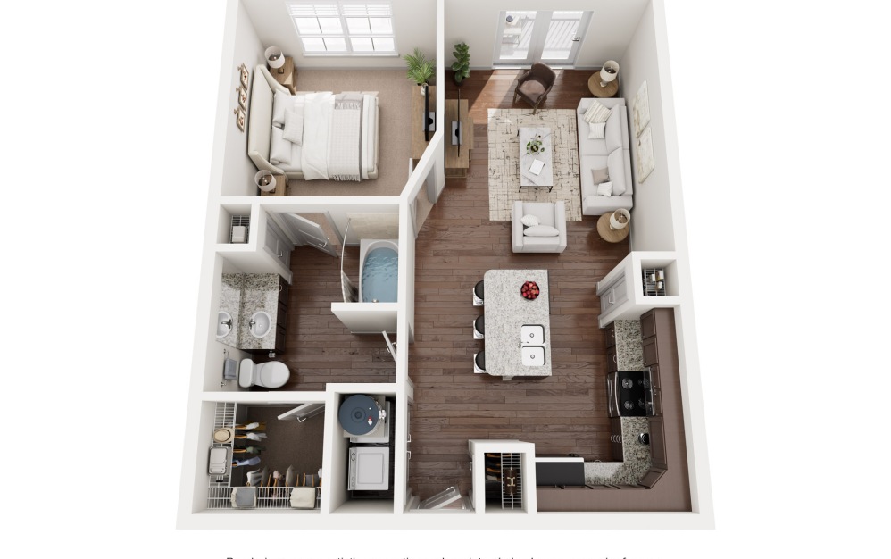 A1 - 1 bedroom floorplan layout with 1 bathroom and 689 - 851 square feet (3D)