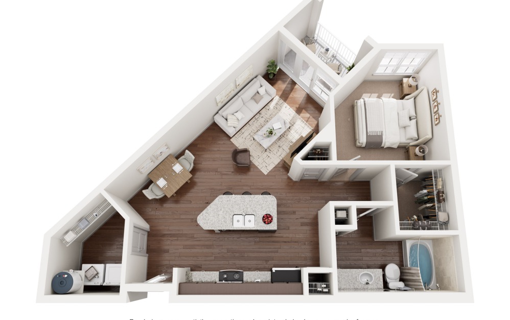 A2 - 1 bedroom floorplan layout with 1 bathroom and 788 square feet (3D)