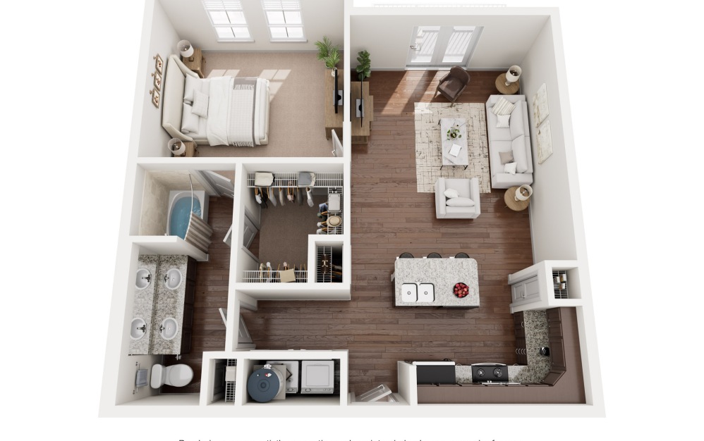 A3 - 1 bedroom floorplan layout with 1 bathroom and 861 - 869 square feet (3D)