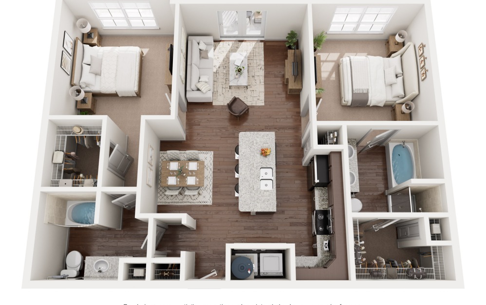 B2 - 2 bedroom floorplan layout with 2 bathrooms and 1138 - 1157 square feet (3D)