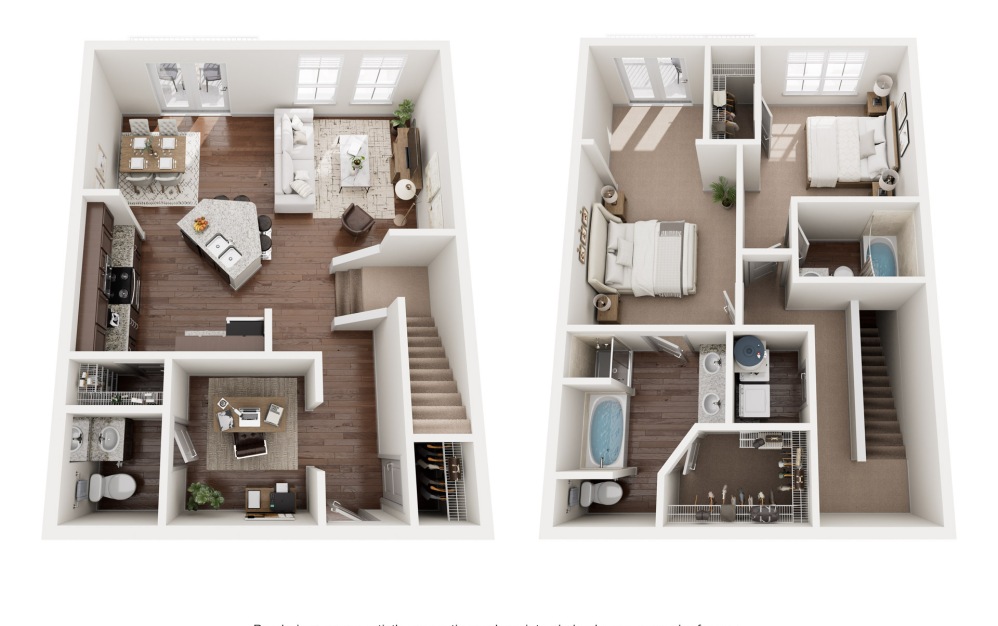 B3 Townhome - 2 bedroom floorplan layout with 2 bathrooms and 1512 - 1660 square feet (Floor 1, 3D)