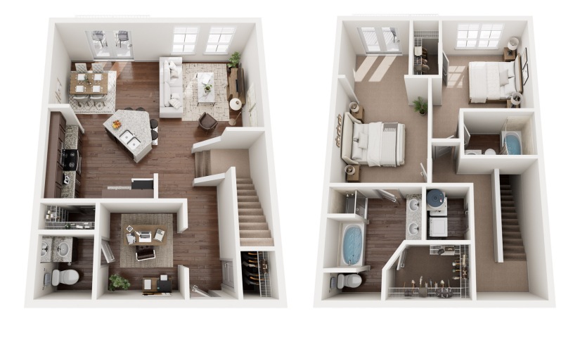 B3 Townhome - 2 bedroom floorplan layout with 2 bathrooms and 1512 - 1660 square feet