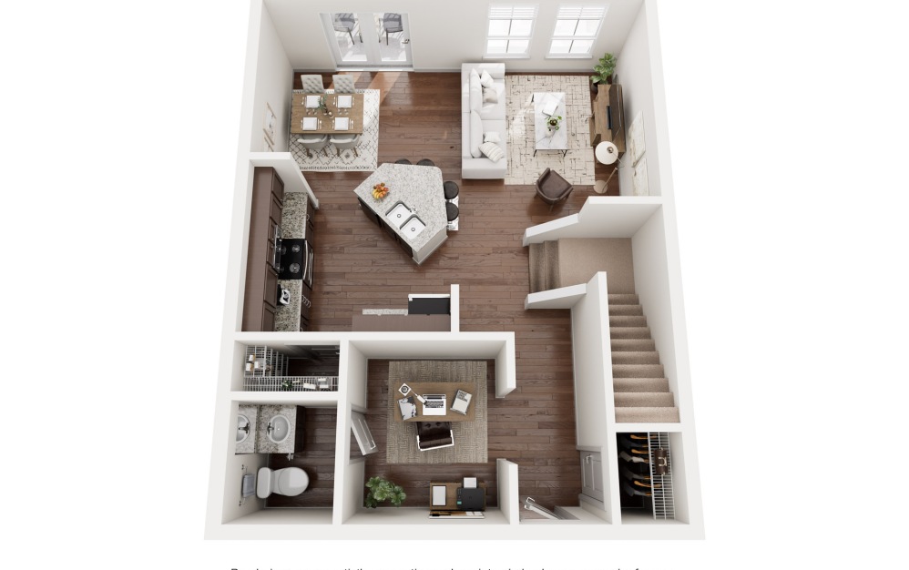 B3 Townhome - 2 bedroom floorplan layout with 2 bathrooms and 1512 - 1660 square feet (Floor 2, 3D)