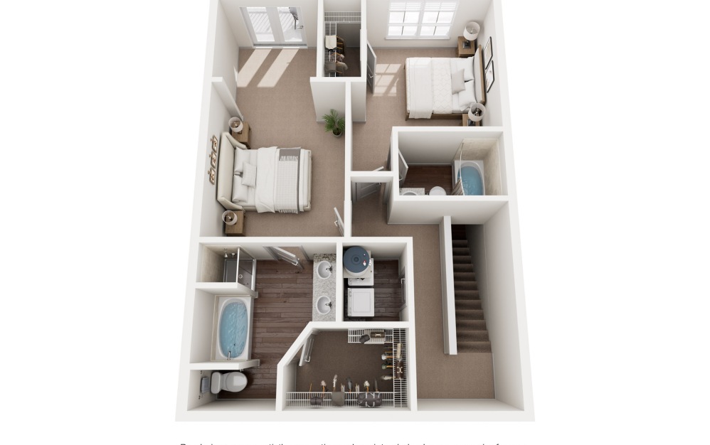 B3 Townhome - 2 bedroom floorplan layout with 2 bathrooms and 1512 - 1660 square feet (Floor 3, 3D)