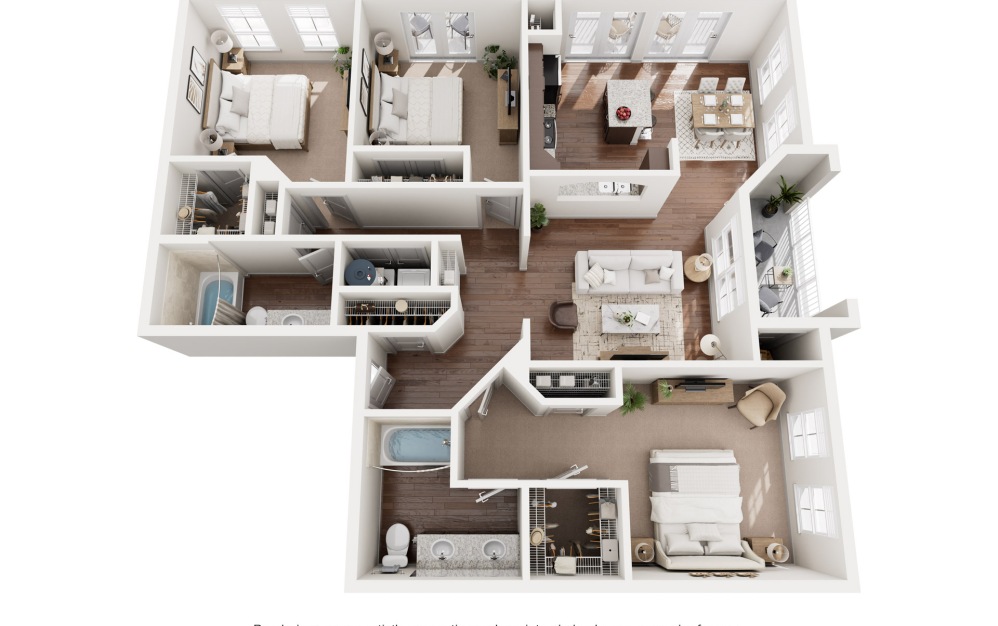 C1 - 3 bedroom floorplan layout with 2 bathrooms and 1322 - 1326 square feet (3D)