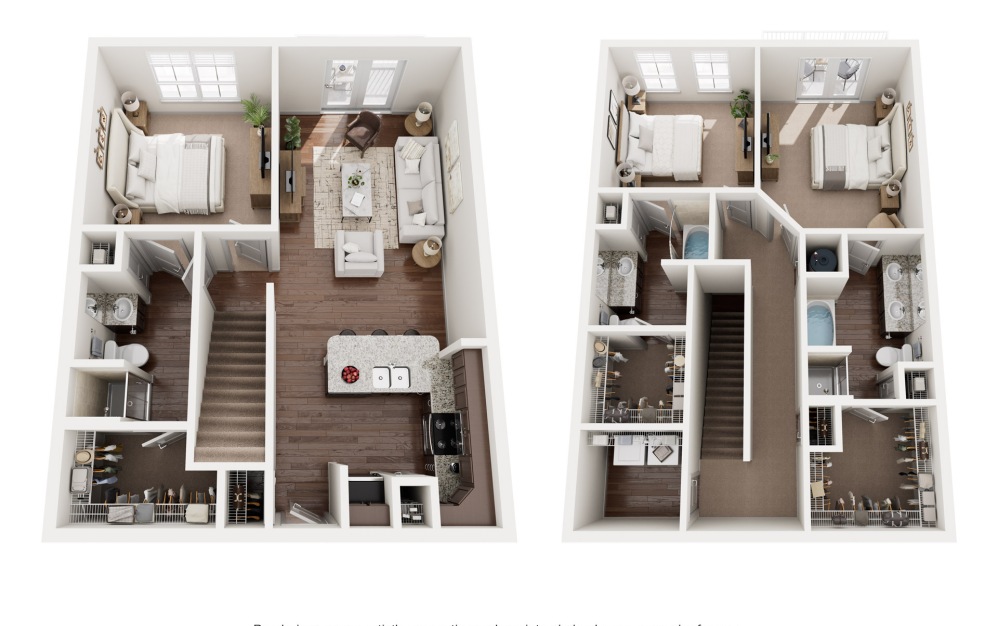 C2 Townhome - 3 bedroom floorplan layout with 3 bathrooms and 1525 - 1571 square feet (Floor 1, 3D)