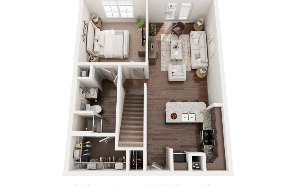 C2 Townhome - 3 bedroom floorplan layout with 3 bathrooms and 1525 - 1571 square feet (Floor 2, 3D)