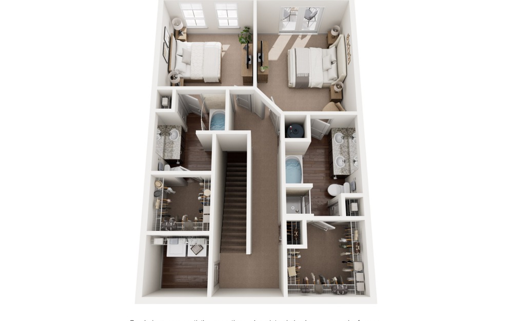 C2 Townhome - 3 bedroom floorplan layout with 3 bathrooms and 1525 - 1571 square feet (Floor 3, 3D)